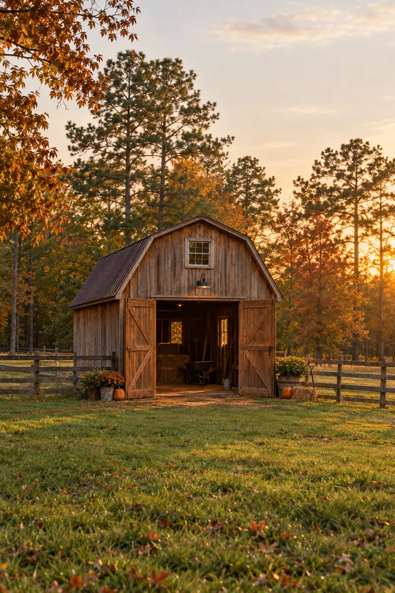 A small red barn with white trim beside a fenced pasture