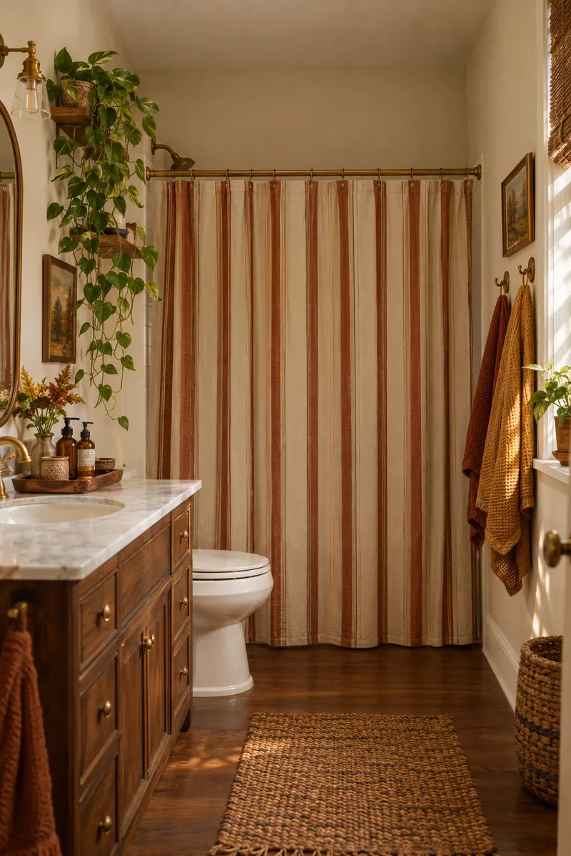 A small farmhouse bathroom with a new shower curtain, black hardware, a countertop tray, and a plant