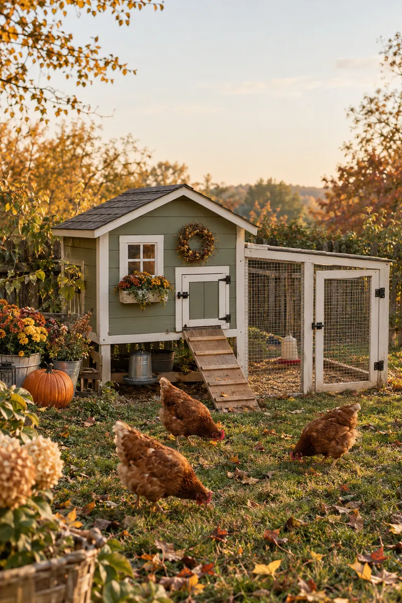 A small wooden chicken coop with a ramp and nesting box in a grassy yard
