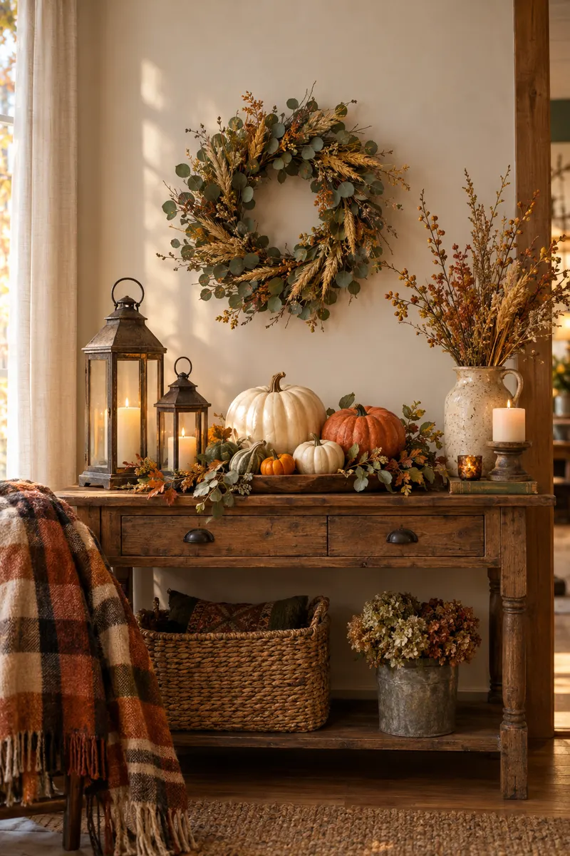 A cozy fall vignette with faux pumpkins, a plaid throw, a wreath, and a rustic lantern