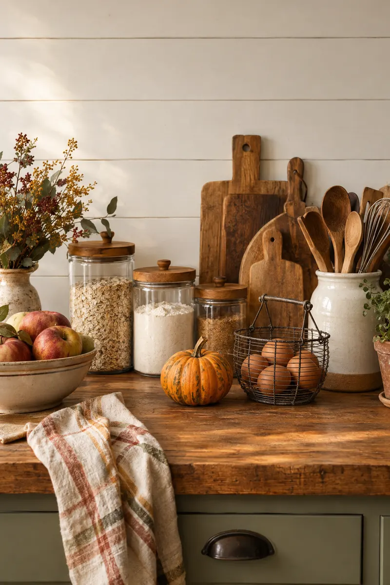 A farmhouse kitchen counter with glass canisters, a wood cutting board, a wire egg basket, and a utensil crock