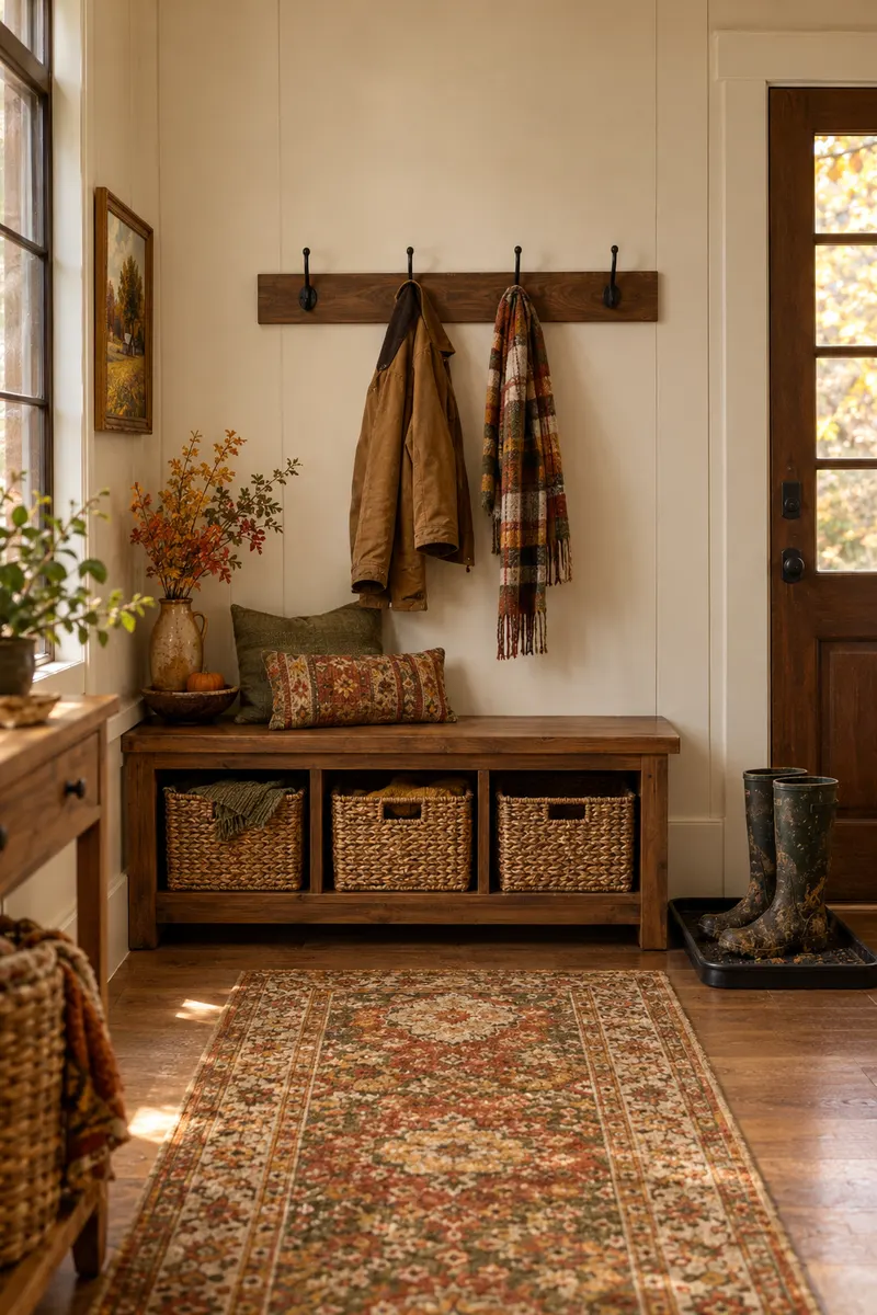 A farmhouse entryway with a storage bench, wall hooks, jackets, baskets, and muddy boots on a boot tray