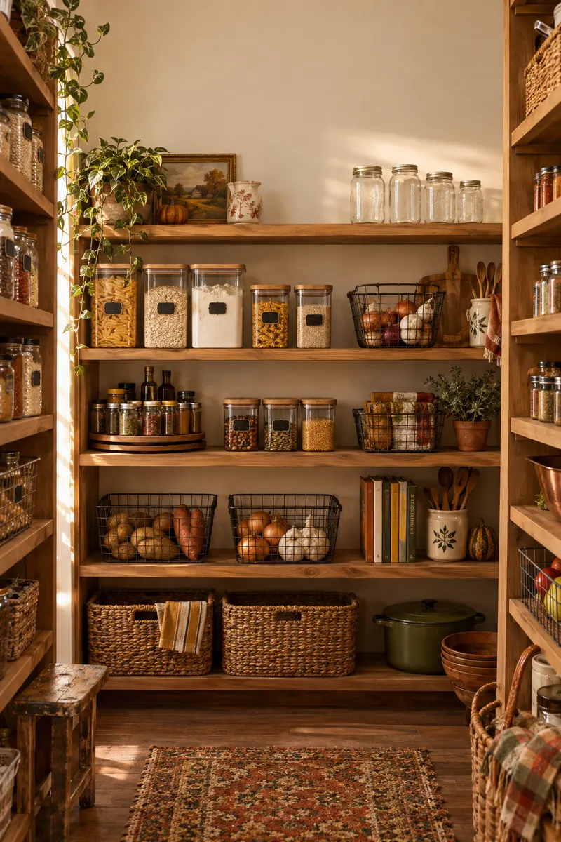 A tidy pantry shelf with clear bins, airtight containers, labels, and mason jars