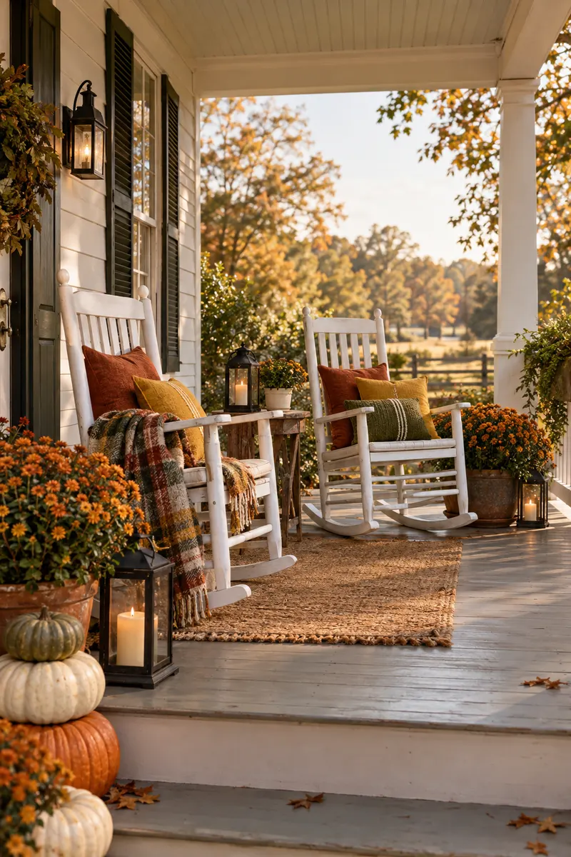 A cozy farmhouse front porch with rocking chairs, outdoor pillows, lanterns, and planters