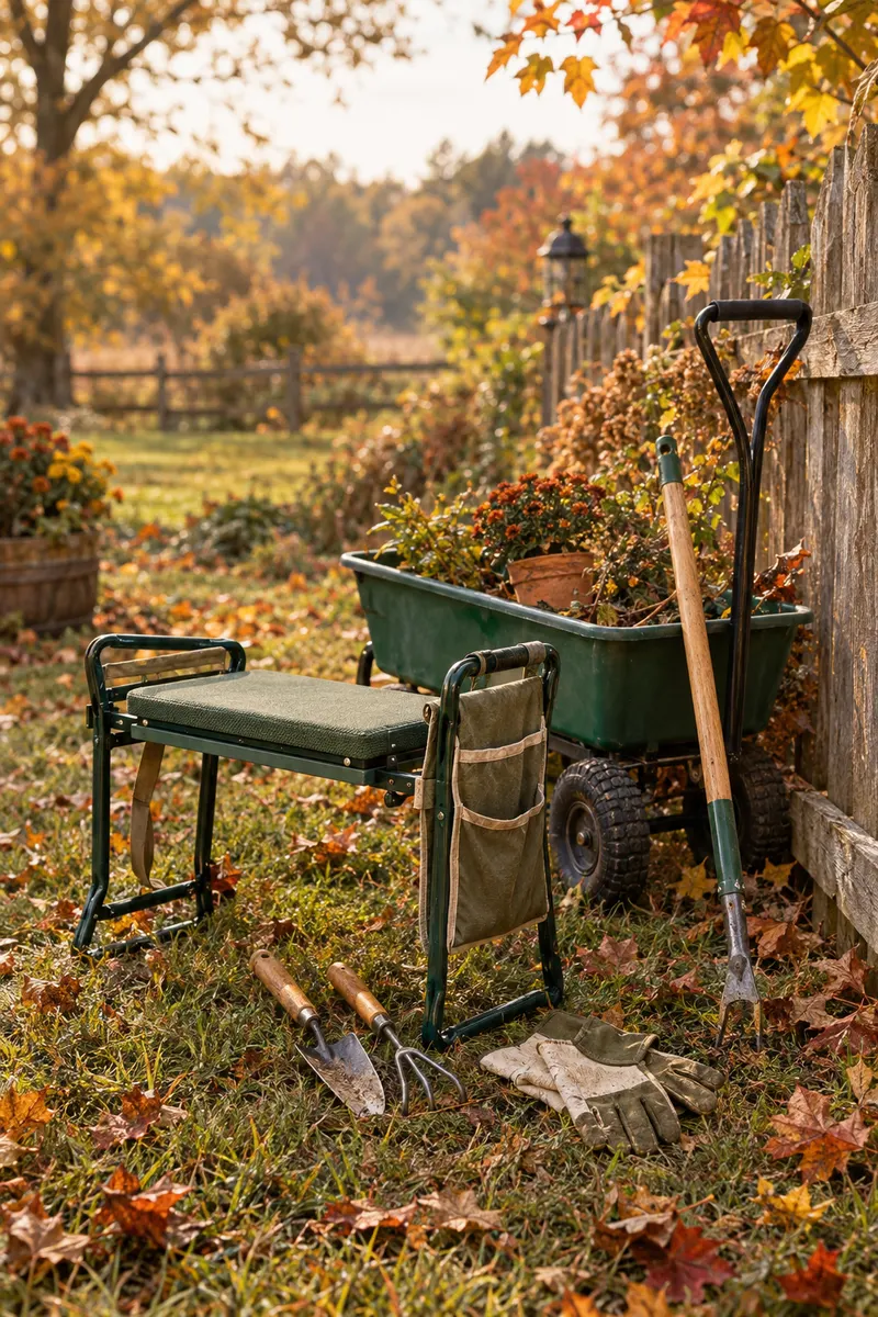A flat lay of ergonomic garden tools, a folding garden kneeler, and a rolling cart